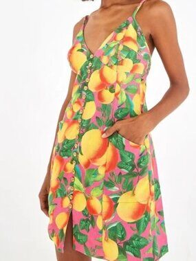 Farm Rio orange sunset linen mini summer sun dress fruit novelty tropical prnt S
